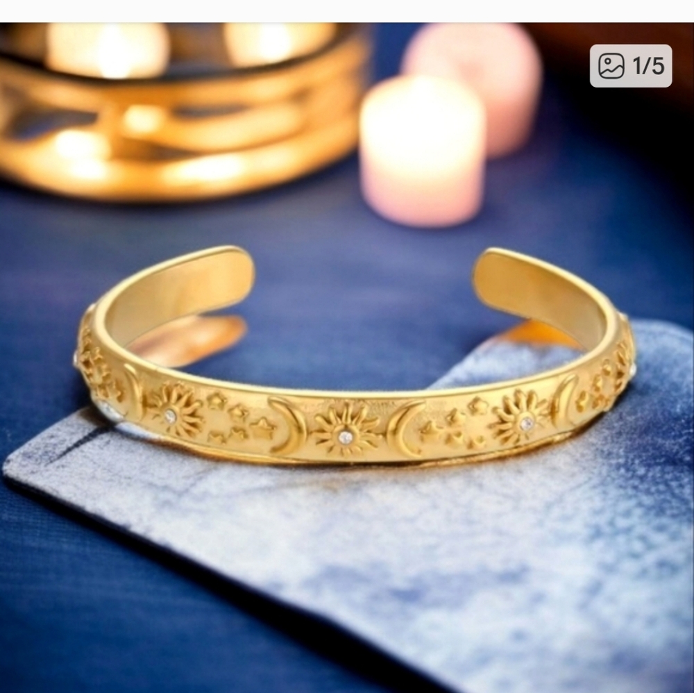 18k Gold Plated Stainless Celestial Sun Moon Star Zircon Cuff Bracelet